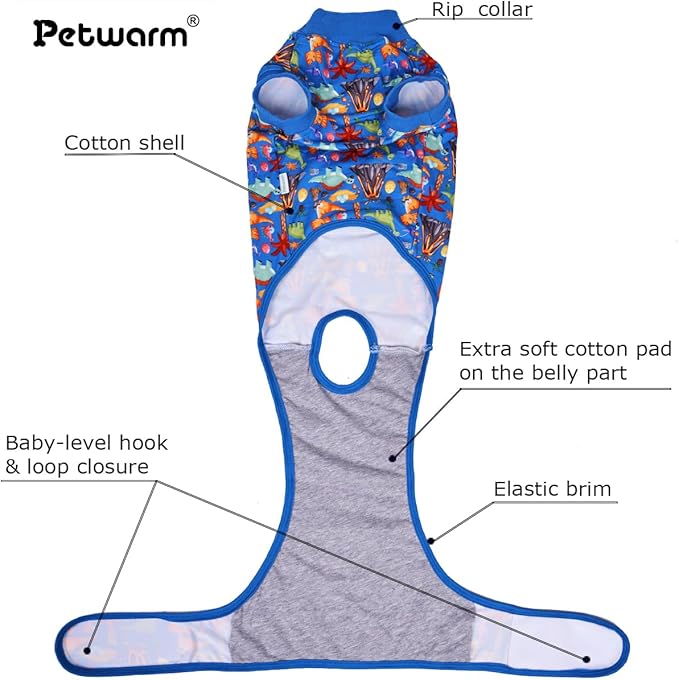 PetWarm Dog Recovery Substitute E-Collar Cone, Onesie for Dogs, Anti-Licking Dog Surgical Recovery Pajamas, Bodysuit for Abdominal Affected Areas Sensitive Skin Areas, Zoo Pattern, Blue, L