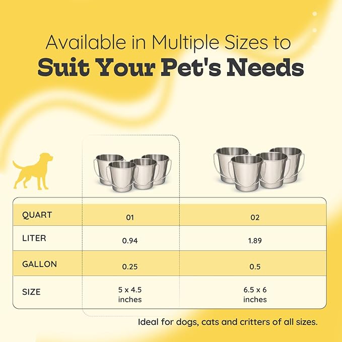 Heavy Duty Stainless Steel Dog Water Bucket with Handle, 1 Quart (0.25 Gallon) Round Pail for Small Dogs Cat Bird & Livestock, Fits Kennel & Farm, Hanging Utility Silver Pet Pails, 4 Pack