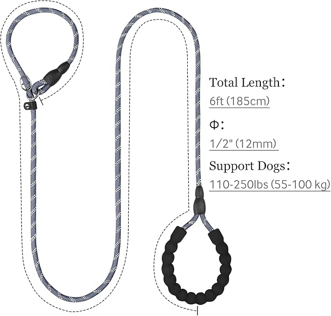 TagME 6ft Slip Dog Lead, No Pull Reflective Training Leash with Padded Handle, Professional Rope P-Leash for Small Medium Large Dogs, Heavy Duty Correction Lead for Walking & Training (Gray)