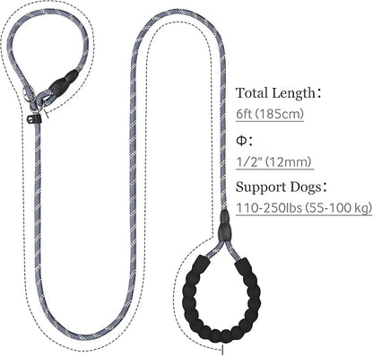 TagME 6ft Slip Dog Lead, No Pull Reflective Training Leash with Padded Handle, Professional Rope P-Leash for Small Medium Large Dogs, Heavy Duty Correction Lead for Walking & Training (Gray)