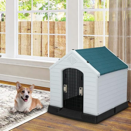 Bonnlo Plastic Dog House, Pet Dog Kennel Water Resistant for Small Medium Sized Dogs with Door, Indoor & Outdoor Use (28" H)