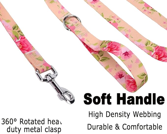Mihqy Dog Collar and Leash Set with Bohemia Floral Tribal Geometric Patterns - Soft Ethnic Style Collar Adjustable for Small Medium Large Dogs(Pink Rose Set,S)