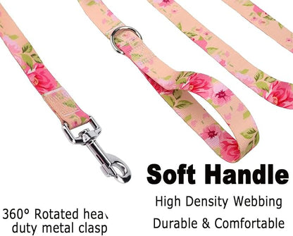 Mihqy Dog Collar and Leash Set with Bohemia Floral Tribal Geometric Patterns - Soft Ethnic Style Collar Adjustable for Small Medium Large Dogs(Pink Rose Set,S)