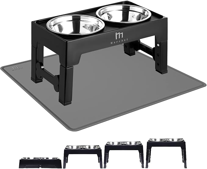 Marchul Elevated Dog Bowls, Raised Dog Food Water Bowls with 2 Thick Stainless Steel Bowls, 4 Height Adjustable, Non-Slip Stand for Medium Large Dogs (with Mat)