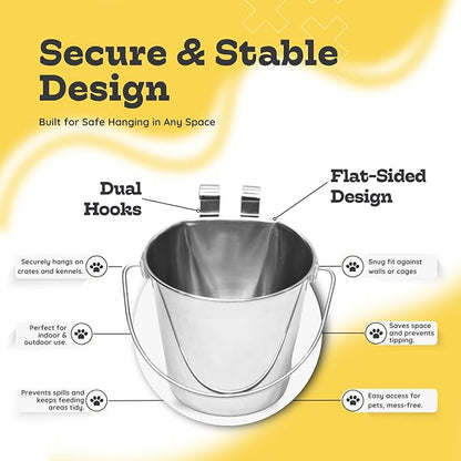 2 Quart Stainless Steel Flat Sided Bucket with Dual Hooks | 4 Pcs Durable Food & Water Bowl for Dog Cats Bird & Small Animals | Fits kennel Cage Crates Hanging Pet Pail | Multipurpose use