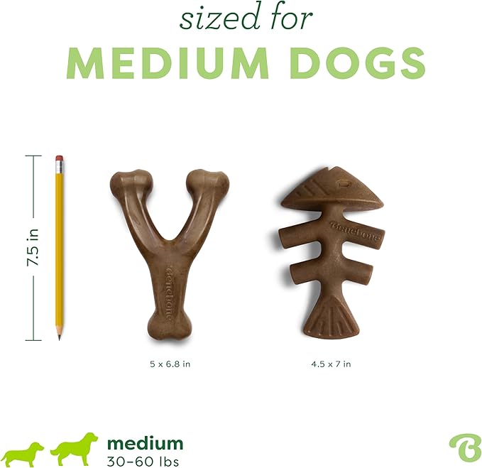 Benebone 2-pack Fishbone/Wishbone Durable Dog Chew Toys, Real Fish, Real Bacon, Made in USA, Medium