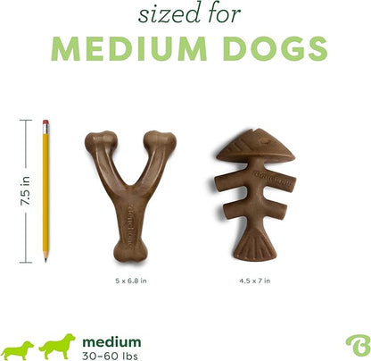 Benebone 2-pack Fishbone/Wishbone Durable Dog Chew Toys, Real Fish, Real Bacon, Made in USA, Medium