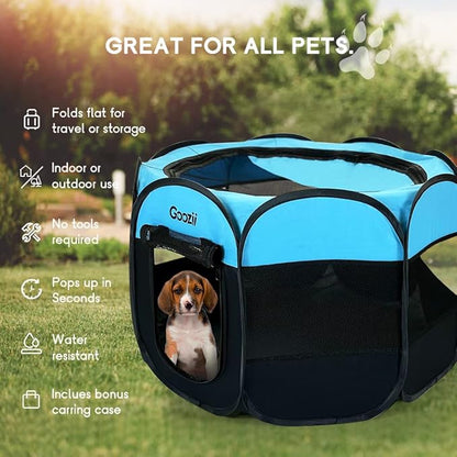 GOOZII Dog Playpen Portable Collapsible, Indoor Outdoor Pet Puppy Exercise Playpens Case with Zipper Door Top Cover Floor for Large Cat Rabbit Travel Camping (Small Size, Black/Blue)