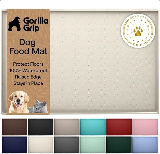 GORILLA GRIP 100% Waterproof Raised Edge BPA Free Silicone Pet Feeding Mat, Dog Cat Food Mats Contain Spills Protects Floors, Placemats for Cats and Dogs Water Bowl, Pets Accessories 23x15 Cream