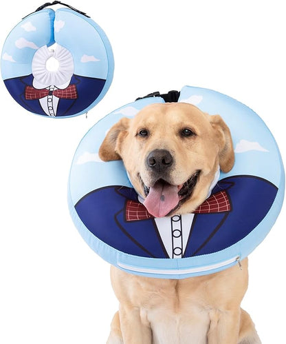 Inflatable Dog Cone Collar,Waterproof Soft Dog Donut Cone for Large Medium Small Dogs Cats, Recovery Pet E-Collar Alternatives After Surgery (Suit Blue, Medium+)