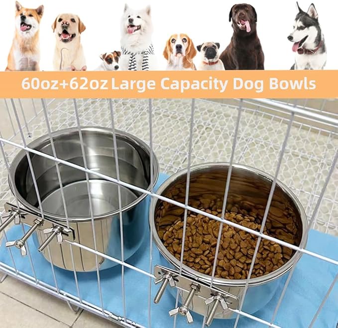 2 Pack Large Dog Water Food Bowls, Dog Crate Water Bowl No Spill, Water Bowl for Crate Cage Accessories, Kennel Water Bowls Hanging, Stainless Steel Dogs Bowls Dish Coop Cup for Large Medium Breeds