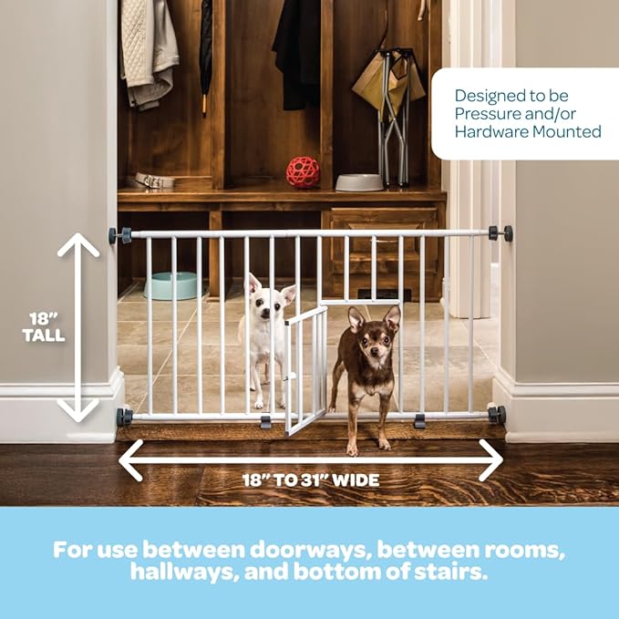 Carlson 18-30.75" Mini Expandable Dog Gate with Small Pet Door, Pressure Mounted Metal Indoor Pet Gate for Doorways & Bottom of Stairs, Cat Gate, White