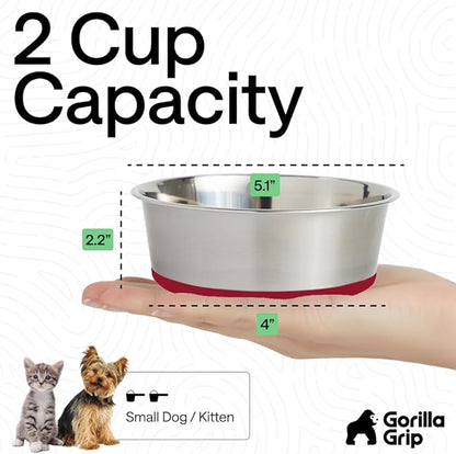 GORILLA GRIP Dog Bowls, Food Grade 304 Stainless Steel, Holds 2 Cups Each (16 fl oz) Food and Water Bowl for Feeding Dogs and Cats, Dishwasher Safe, Rust Resistant, BPA Free Rubber Base Set of 2 Red