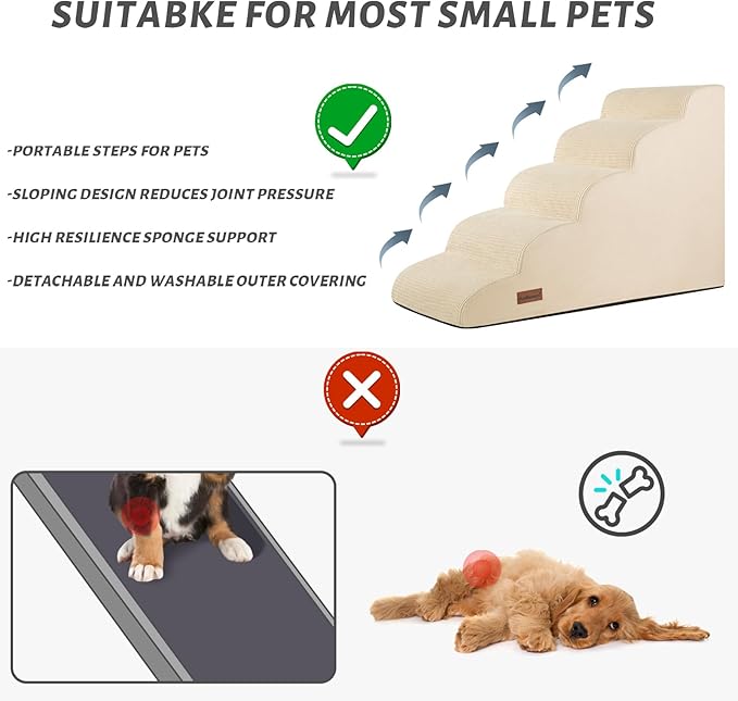 Aodisman 5-Step Dog Stairs and Ramp for High Bed,Non-Slip Sturdy Pet Steps for Small Dogs and Cats,22.2" H,Beige