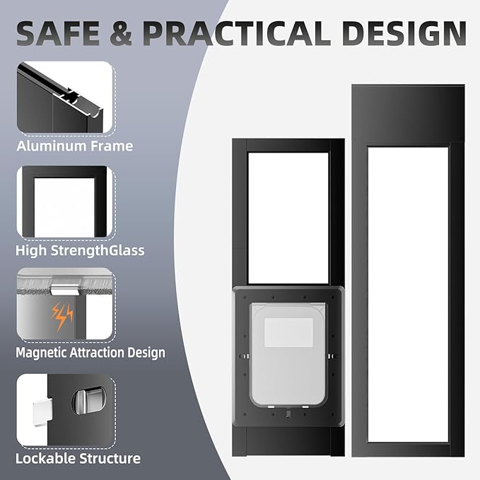 Dog Door for Sliding Glass Door with Magnetic Plastic Flat, Sliding Door Pet Doggie Door Insert with Lock, Adjustable Height No-Cut Required Doggy Door Access Renters, Apartments, Patio (Black, L)