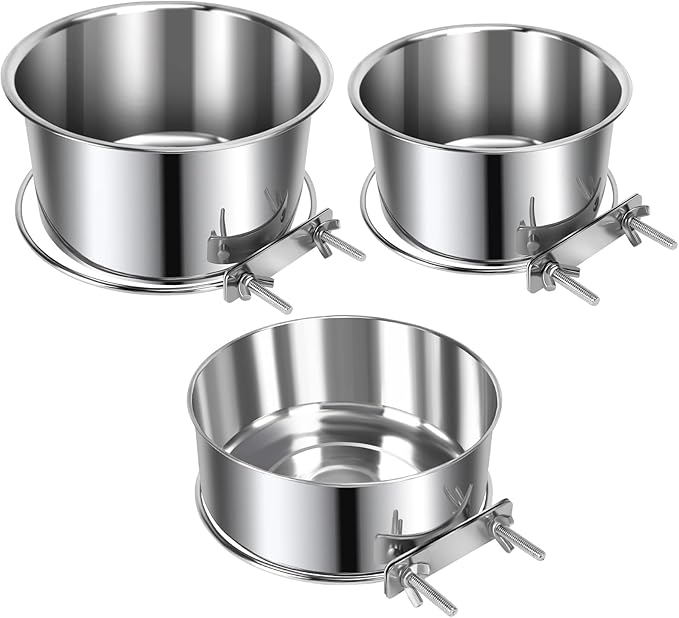 3 Pcs Large Pet Dog Food Water Bowl for Cage Stainless Steel Kennel Hanging Cats Pets Bowls with Clamp Holder Crate Feeder Dish for Medium Large Dogs (7.1x3.5'' & 6.3x2.6'' & 5.5x3.1'')