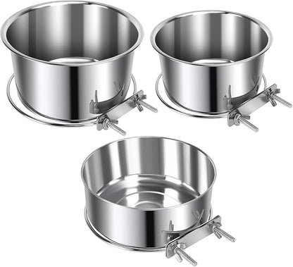 3 Pcs Large Pet Dog Food Water Bowl for Cage Stainless Steel Kennel Hanging Cats Pets Bowls with Clamp Holder Crate Feeder Dish for Medium Large Dogs (7.1x3.5'' & 6.3x2.6'' & 5.5x3.1'')