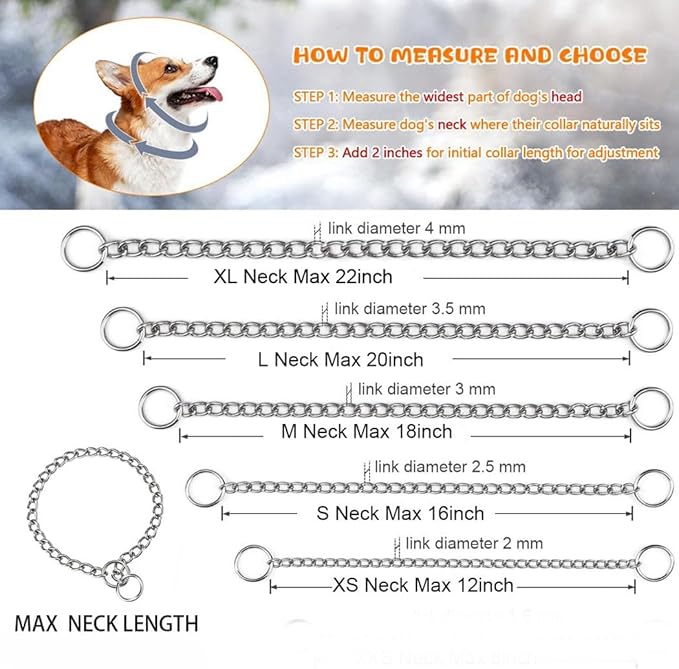 Silver Dog Chain Collars for Medium Dogs, Training Slip P Metal Link Duty Martingale Collar for XS Small Medium Large Breed Dogs,M