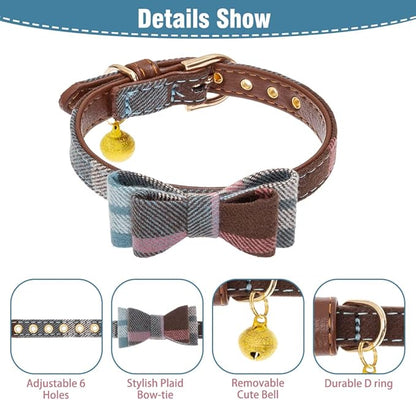 EXPAWLORER Dog Collar and Leash Set - Classic Plaid Dog Bow Tie and Dog Bandana Collar with Bell, Dog Leash Tangle Free, Adjustable Collars for Small Medium Large Dogs Cats, Holiday Ideal Gift