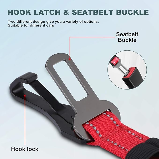 IOKHEIRA Dog Seat Belt 3-in-1 Car Harness for Pets Adjustable Safety Seatbelt Nylon Reflective Bungee Fabric Dog Car Harness with Clip Hook Latch & Buckle, Swivel Zinc Alloy Carabiner Red