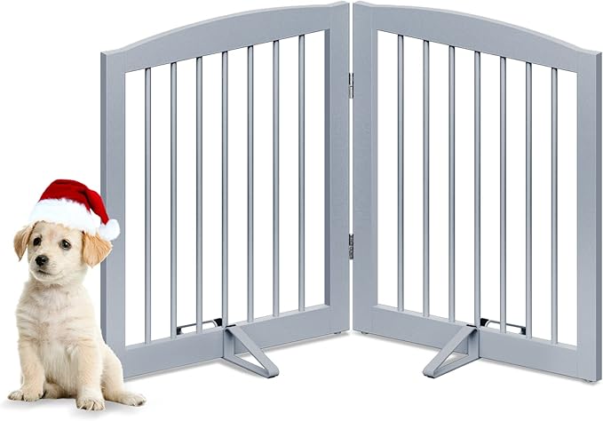 PUPETPO Freestanding Pet Gate for Dogs, Foldable Wooden Dog Gate for House, Indoor Pet Barrier for Stairs, Doorways, Support Feet Included, 24" Height 2 Panels, Grey