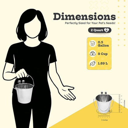 2 quart Stainless Steel Flat Sided Bucket with Dual Hooks | 0.5 gal Durable Food & Water Bowl for Dog Cats Bird & Small Animals | Fits kennel Cage Critter Crate | Hanging Utility Pet Pail