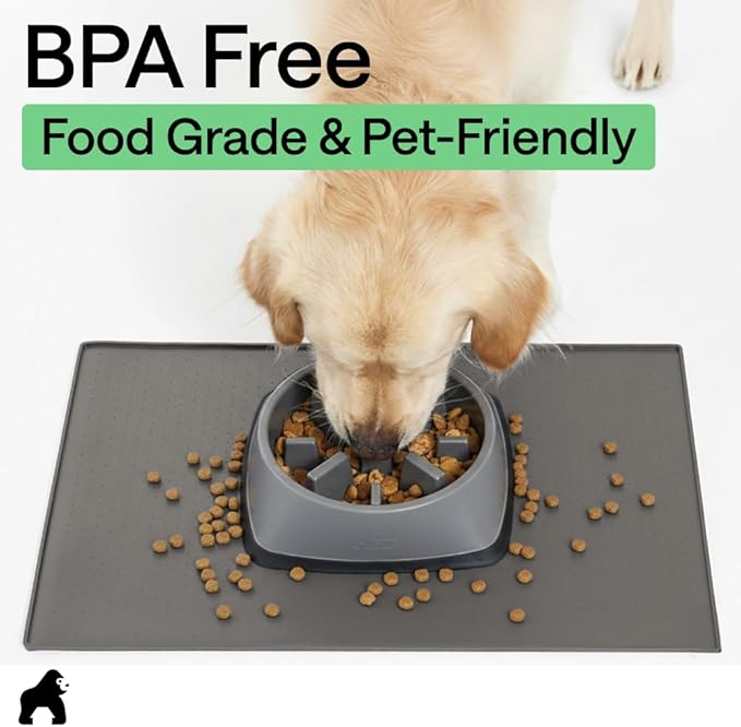 GORILLA GRIP 100% Waterproof Raised Edge BPA Free Silicone Pet Feeding Mat, Dog Cat Food Mats Contain Spills Protects Floors, Placemats for Cats and Dogs Water Bowl, Pets Accessories 28x18 Gray