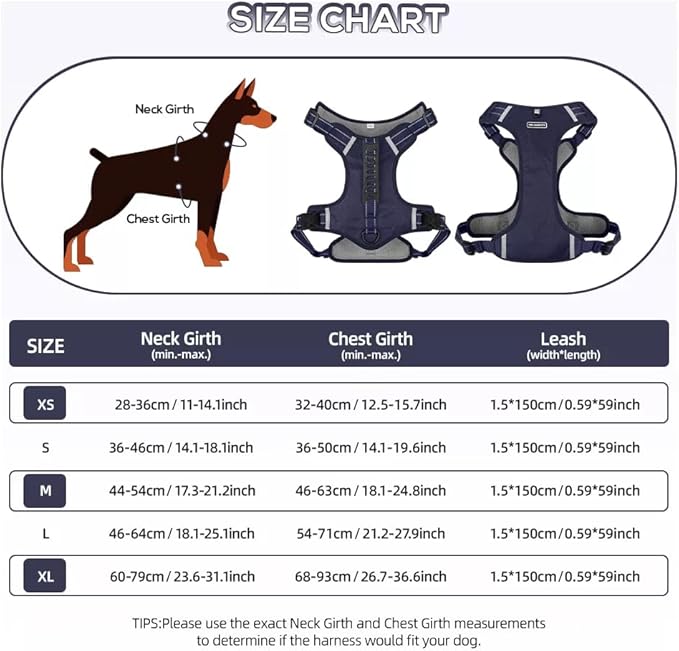 Dog Harness No Pull Adjustable Reflective,for Medium and Large Small Dog with Leash 59.06in (Dark Blue, XL)