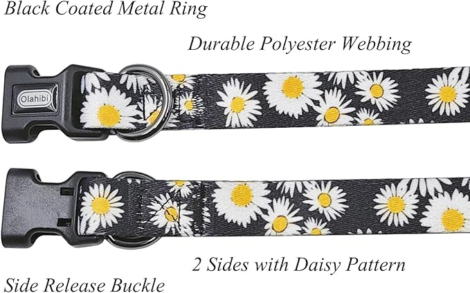 Dog Collar and Leash Set, Cute Daisy Pattern, Polyester Material, 5ft Leash, for Medium Dogs.(Medium,Black Daisy)