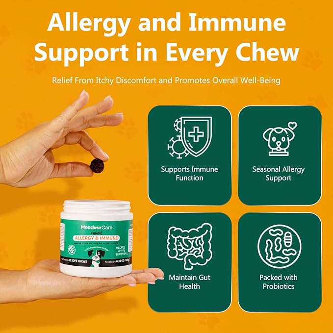 Allergies & Immune Support for Dogs | Canine Seasonal Allergy Relief & Healthy Immune System Support | Packed with Probiotics and Turmeric | 60 Soft Chews180 g (6.35 oz) | Meadowcare