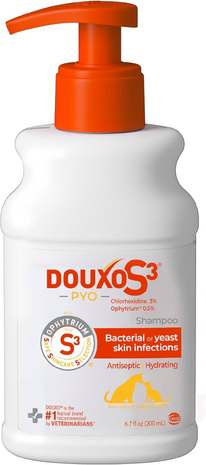 Douxo S3 Pyo Shampoo, Contains 3% Chlorhexidine & 0.5% Ophytrium, Antiseptic & Hydrating, For Bacterial or Yeast Skin Infections, For Dogs and Cats, 6.7 fl. oz. (200mL)