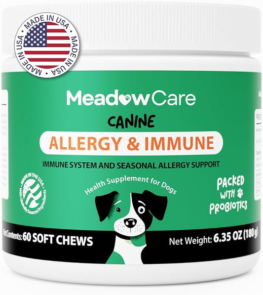 Allergies & Immune Support for Dogs | Canine Seasonal Allergy Relief & Healthy Immune System Support | Packed with Probiotics and Turmeric | 60 Soft Chews180 g (6.35 oz) | Meadowcare