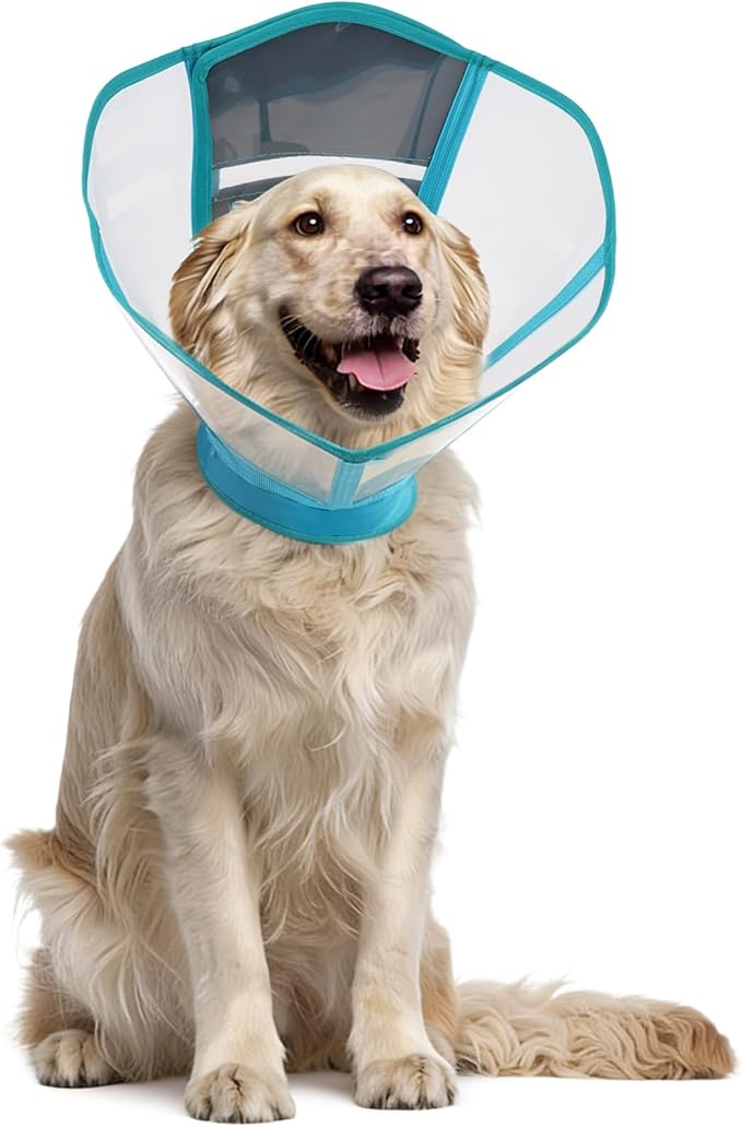 Foldable Dog Cone Collar - Adjustable Comfort Elizabethan Recovery Collar, Transparent Waterproof E-Collar for Dogs After Surgery to Stop Licking Scratching, Blue, M
