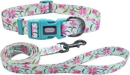 Dog Collar Leash Set, Floral Pattern, Polyester Material, Adjustable Collar and 5ft Matchcing Leash, for Puppy Dogs.(XS, Green Lily)