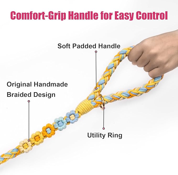 Handmade 5ft Braided Cotton Dog Leash with Unique Floral Handle, Durable and Stylish, Ideal for Small to Large Dogs(Sunshine Breeze)