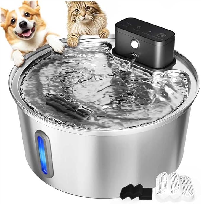 Wireless Stainless Steel Pet Water Fountain, 3.2L/108oz Automatic Cordless Water Dispenser with 3 Smart Modes, Ultra Quiet Pump, Rechargeable Battery, Multi-Filtration for Cats & Dogs