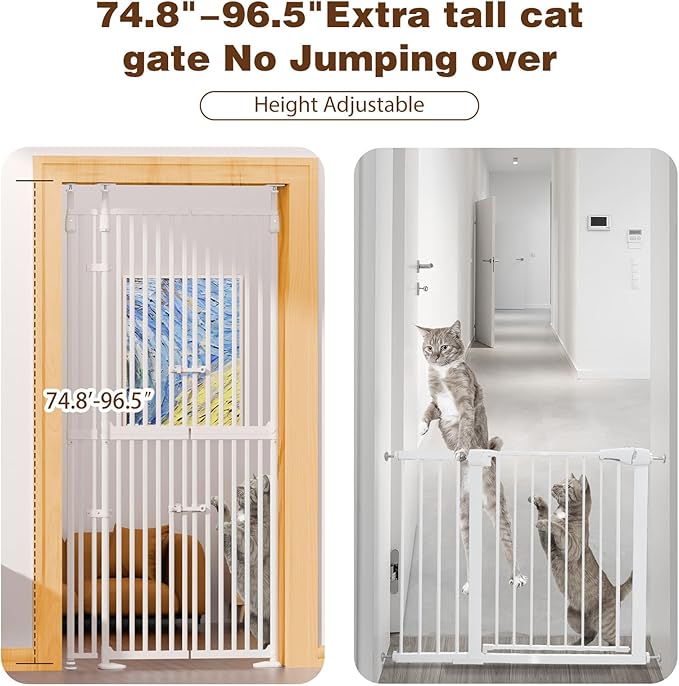 Glaf 74" Extra Tall Cat Gat, 30.31-38.19" Wide Adjustable Cat Door Pressure Mounted Pet Gate with Extra Narrow Gap Auto Close Dog Safety Gate for Doorways, Kitchen,Stairs