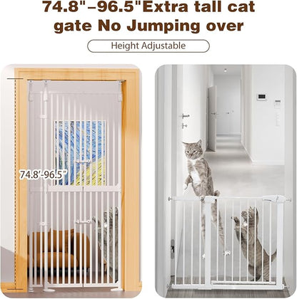 Glaf 74" Extra Tall Cat Gat, 30.31-38.19" Wide Adjustable Cat Door Pressure Mounted Pet Gate with Extra Narrow Gap Auto Close Dog Safety Gate for Doorways, Kitchen,Stairs
