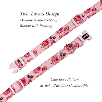 Dog Collar Leash Set, Floral Pattern, Nylon Webbing Plus Cotton Ribbon, 5ft Matching Leash, for Small Dogs.(S, Pink Rose)