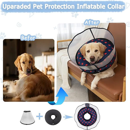 Inflatable Dog Cone Collar with Enhanced Anti-Licking Shield – Soft Adjustable Recovery Collar for Dogs & Cats After Surgery – Fits Large, Medium, Small Pets (Blue Love, Large)