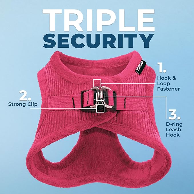 Best Pet Supplies - All Weather Plush, Reflective, No Pull Harness for Small, Medium Dogs, Cats - Secure with Hook & Loop Fastener, Buckle, Double D-Rings - Fuchsia Corduroy, L