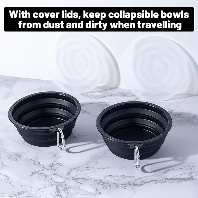 SLSON Dog Bowls Pet Collapsible Bowl with Cover Lids,2 Pack Dog Travel Bowls Portable Foldable Cat Water Dish Bowl for Pets Walking Parking Camping (Black and Black, Medium)