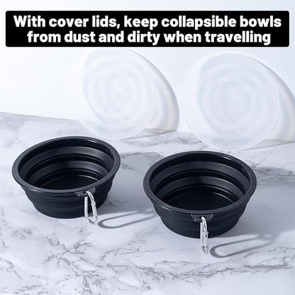 SLSON Dog Bowls Pet Collapsible Bowl with Cover Lids,2 Pack Dog Travel Bowls Portable Foldable Cat Water Dish Bowl for Pets Walking Parking Camping (Black and Black, Medium)
