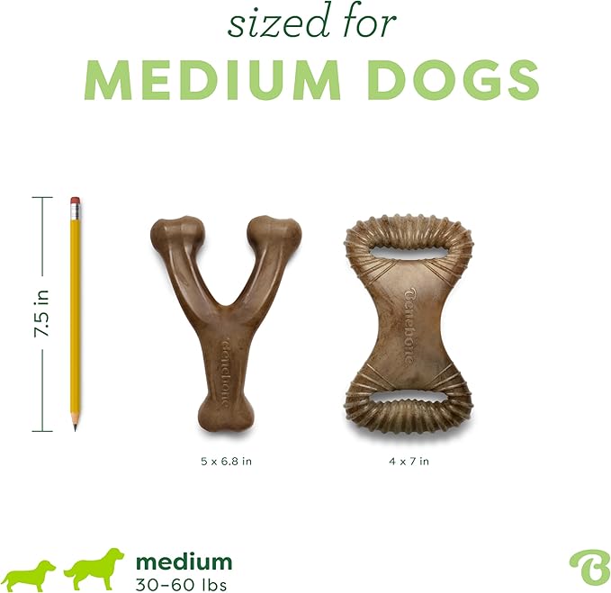 Benebone 2-pack Wishbone/Dental Durable Dog Chew Toys, Dog Toys for Aggressive Chewers, Real Bacon, Made in USA, Medium