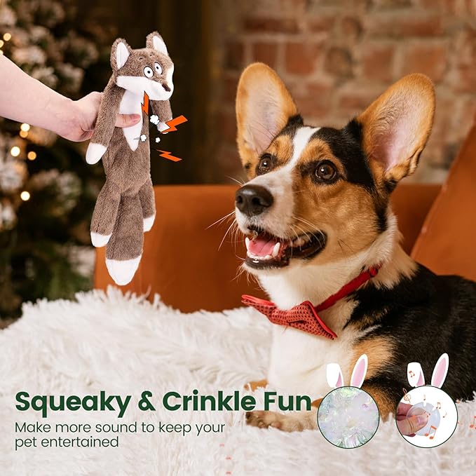 HGB Christmas Dog Toys for Large Dogs with Mini Christmas Hat & Scarf, Squeaky Crinkle Plush Dog Toys for Small, Medium, Large Breed and Puppy Teething, Daily Companionship, Cute Bunny & Redfox