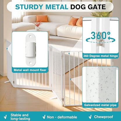 Snagle Paw Extra Wide Dog Gate,Free Standing Dog Fence with Door, Up to 104 Inch Wide Pet Gate with Support Feet for Stairs, Hallways, Doorways, Yard (White, 4 Panels)