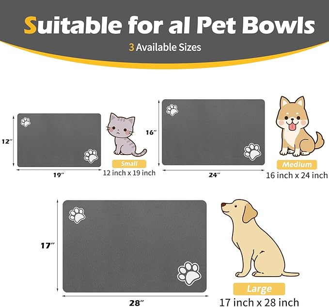 Pet Feeding Mat-Absorbent Dog Mat for Food and Water Bowl-Accessories Pet Supplies- Bowl for Messy Drinkers-No Stains Quick Dry Dog Water Dispenser Mat (12"x19", Dark Grey)