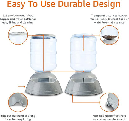 Amazon Basics Large Capacity Automatic Pet Water Dispenser and Gravity Feeder Set, Easy to Clean, 456.6fl.oz Food, 382.1fl.oz Water, Gray