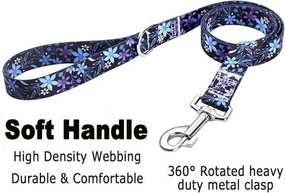 Mihqy Dog Collar and Leash Set with Bohemia Floral Tribal Geometric Patterns - Soft Ethnic Style Collar Adjustable for Small Medium Large Dogs(Blue Floral Set,M)