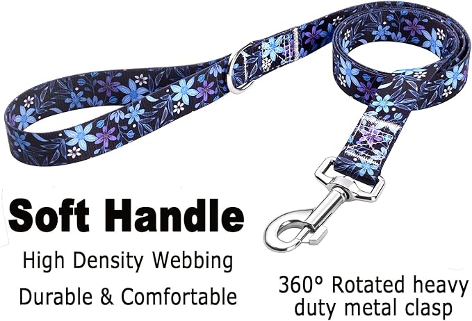 Mihqy Dog Collar and Leash Set with Bohemia Floral Tribal Geometric Patterns - Soft Ethnic Style Collar Adjustable for Small Medium Large Dogs(Blue Floral Set,L)